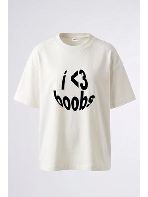 Anetos I Heart Boobs Tasarım Sırt Baskılı Pamuk Beyaz Oversize T-Shirt