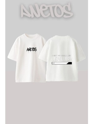 Anetos Level Up Tasarım Sırt Baskılı Pamuk Beyaz Oversize T-Shirt