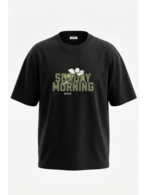 Anetos Sunday Morning Dogwood Tasarım Sırt Baskılı Pamuk Siyah Oversize T-Shirt