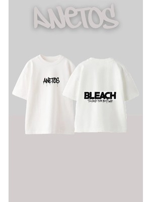 Anetos Bleach Anime Tasarım Sırt Baskılı Pamuk Beyaz Oversize T-Shirt