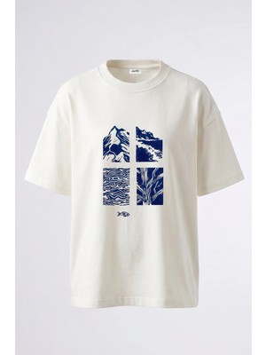 Anetos Linocut Doga Tasarım Sırt Baskılı Pamuk Beyaz Oversize T-Shirt