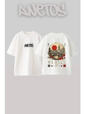 Anetos Venice Bridge Tasarım Sırt Baskılı Pamuk Beyaz Oversize T-Shirt