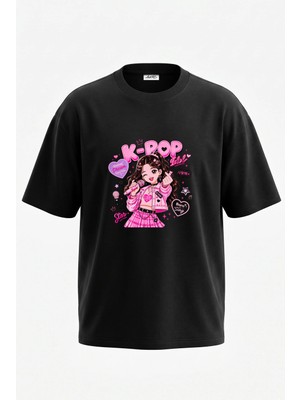 Anetos K Pop Idol Tasarım Sırt Baskılı Pamuk Siyah Oversize T-Shirt
