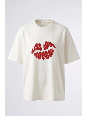 Anetos Kiss Lips Tasarım Sırt Baskılı Pamuk Beyaz Oversize T-Shirt