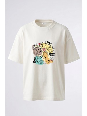 Anetos Kawaii Cats Tasarım Sırt Baskılı Pamuk Beyaz Oversize T-Shirt