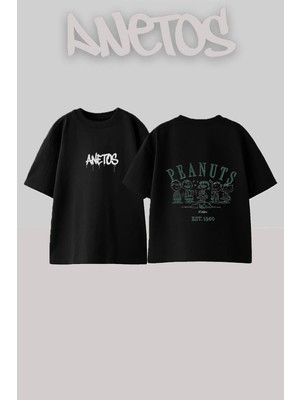 Anetos Peanuts Gang Tasarım Sırt Baskılı Pamuk Siyah Oversize T-Shirt