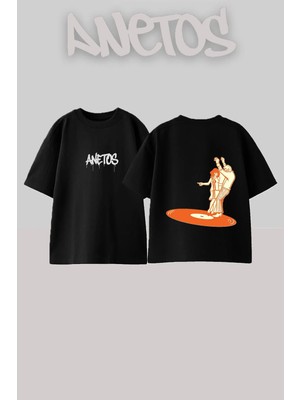 Anetos Dancing People Tasarım Sırt Baskılı Pamuk Siyah Oversize T-Shirt