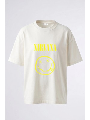 Anetos Nirvana Smiley_2 Tasarım Sırt Baskılı Pamuk Beyaz Oversize T-Shirt