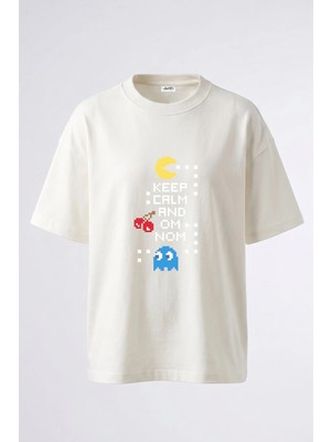 Anetos Pac Man Hayalet Tasarım Sırt Baskılı Pamuk Beyaz Oversize T-Shirt