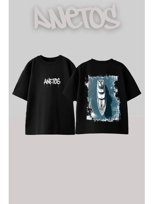 Anetos Luxury Yacht Tasarım Sırt Baskılı Pamuk Siyah Oversize T-Shirt