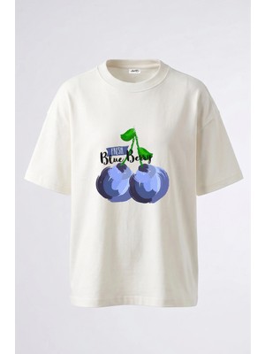 Anetos Blue Berry Tasarım Sırt Baskılı Pamuk Beyaz Oversize T-Shirt