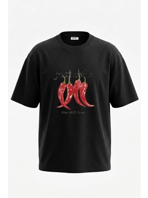 Anetos Red Chili Tasarım Sırt Baskılı Pamuk Siyah Oversize T-Shirt