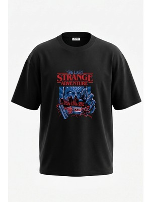 Anetos Stranger Things Tasarım Sırt Baskılı Pamuk Siyah Oversize T-Shirt