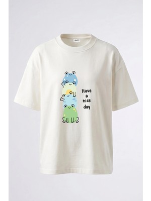 Anetos Cartoon Frogs Tasarım Sırt Baskılı Pamuk Beyaz Oversize T-Shirt