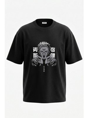 Anetos Sukuna Jujutsu Kaisen Tasarım Sırt Baskılı Pamuk Siyah Oversize T-Shirt