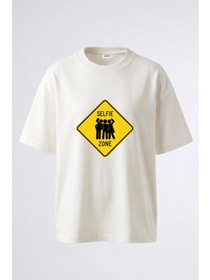 Anetos Selfie Zone Tasarım Sırt Baskılı Pamuk Beyaz Oversize T-Shirt