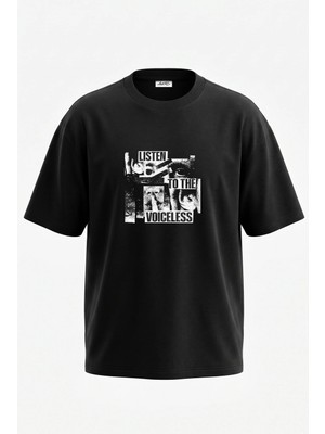 Anetos Protesto Sanati Tasarım Sırt Baskılı Pamuk Siyah Oversize T-Shirt