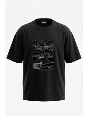 Anetos Araba At Gitar Tasarım Sırt Baskılı Pamuk Siyah Oversize T-Shirt