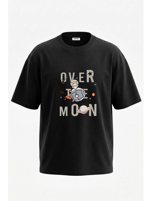 Anetos Astronaut Bear Tasarım Sırt Baskılı Pamuk Siyah Oversize T-Shirt