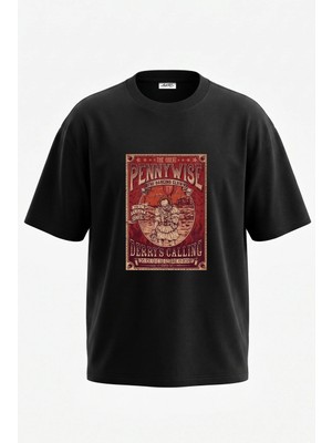 Anetos Pennywise Clown Tasarım Sırt Baskılı Pamuk Siyah Oversize T-Shirt