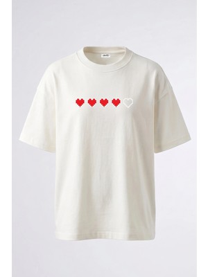 Anetos Pixel Health Tasarım Sırt Baskılı Pamuk Beyaz Oversize T-Shirt