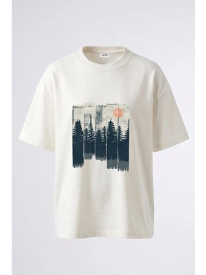 Anetos Cam Agaci Baski Tasarım Sırt Baskılı Pamuk Beyaz Oversize T-Shirt