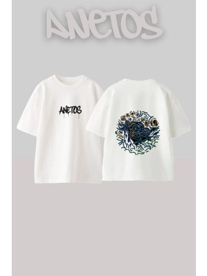 Anetos Starry Night Tasarım Sırt Baskılı Pamuk Beyaz Oversize T-Shirt