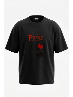 Anetos Paris Eyfel Bereli Tasarım Sırt Baskılı Pamuk Siyah Oversize T-Shirt