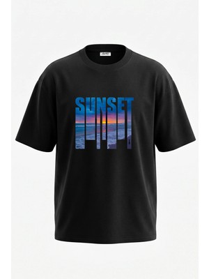 Anetos Sunset Beach Tasarım Sırt Baskılı Pamuk Siyah Oversize T-Shirt