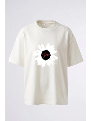 Anetos Brave Flower Tasarım Sırt Baskılı Pamuk Beyaz Oversize T-Shirt