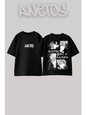 Anetos Jujutsu Kaisen 1 Tasarım Sırt Baskılı Pamuk Siyah Oversize T-Shirt