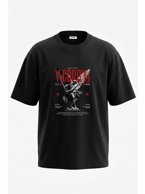 Anetos Archangel Statue Tasarım Sırt Baskılı Pamuk Siyah Oversize T-Shirt