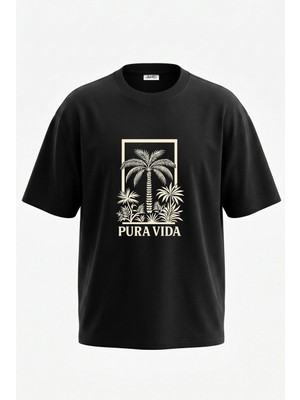 Anetos Pura Vida Palm Tasarım Sırt Baskılı Pamuk Siyah Oversize T-Shirt