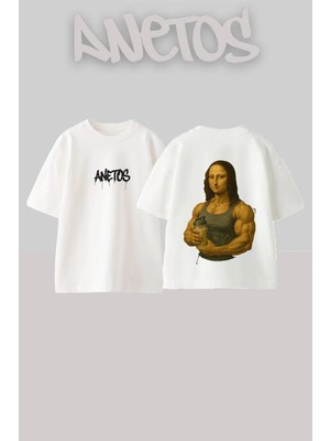 Anetos Buff Mona Tasarım Sırt Baskılı Pamuk Beyaz Oversize T-Shirt