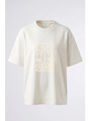 Anetos Pura Vida Palm Tasarım Sırt Baskılı Pamuk Beyaz Oversize T-Shirt