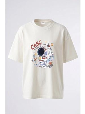 Anetos Astronaut Space Tasarım Sırt Baskılı Pamuk Beyaz Oversize T-Shirt