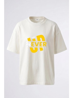 Anetos Never Give Up Tasarım Sırt Baskılı Pamuk Beyaz Oversize T-Shirt