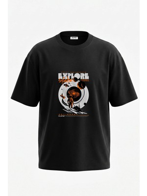 Anetos Astronot Uzay Tasarım Sırt Baskılı Pamuk Siyah Oversize T-Shirt