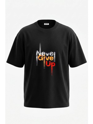 Anetos Never Give Up_1 Tasarım Sırt Baskılı Pamuk Siyah Oversize T-Shirt