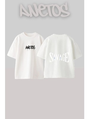 Anetos Savage Text Tasarım Sırt Baskılı Pamuk Beyaz Oversize T-Shirt