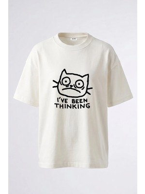Anetos Poorly Drawn Cat Tasarım Sırt Baskılı Pamuk Beyaz Oversize T-Shirt