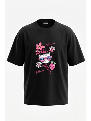 Anetos Kedi Palmiye Gozluk Tasarım Sırt Baskılı Pamuk Siyah Oversize T-Shirt