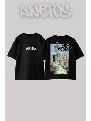 Anetos Statue Liberty Tasarım Sırt Baskılı Pamuk Siyah Oversize T-Shirt