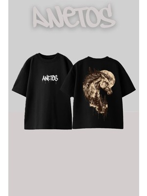 Anetos Horse Moon Tasarım Sırt Baskılı Pamuk Siyah Oversize T-Shirt