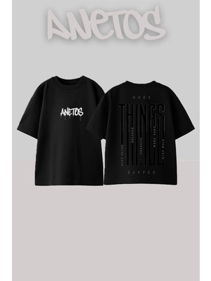 Anetos Make Things Tasarım Sırt Baskılı Pamuk Siyah Oversize T-Shirt