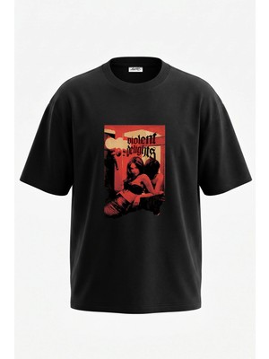 Anetos Violent Delights Tasarım Sırt Baskılı Pamuk Siyah Oversize T-Shirt