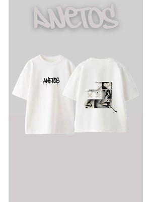 Anetos Sensory Collage Tasarım Sırt Baskılı Pamuk Beyaz Oversize T-Shirt