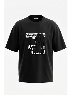Anetos Quote Art Tasarım Sırt Baskılı Pamuk Siyah Oversize T-Shirt