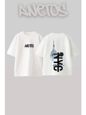 Anetos New York Tasarım Sırt Baskılı Pamuk Beyaz Oversize T-Shirt
