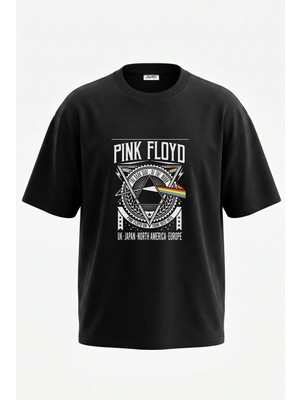 Anetos Pink Floyd Dark Side Moon Tasarım Sırt Baskılı Pamuk Siyah Oversize T-Shirt